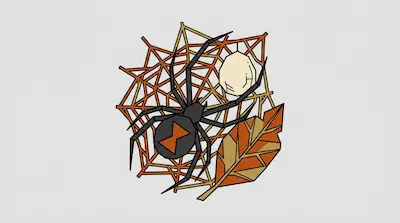 A black widow spider with a red hourglass mark sits on a web next to an egg sac and a leaf.