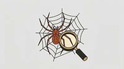 Flat illustration of a brown spider on a web being examined by a magnifying glass against a light grey background