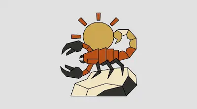 A geometric orange and black scorpion stands on a rock beneath a yellow sun.