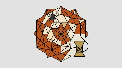 Flat illustration of a geometric spider web with a black spider and a spool of thread on a light gray background
