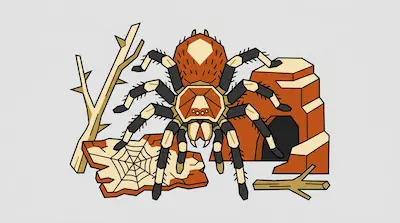 A stylized orange and black tarantula surrounded by a cave, dry branches, and a spiderweb.