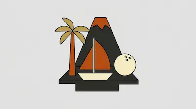 A palm tree, a volcano, a sailboat, and a bowling ball are grouped together on a dark platform.