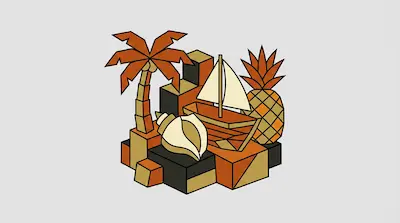 A stylized arrangement of a palm tree, sailboat, pineapple, and seashell on geometric blocks in shades of orange, yellow, and black.