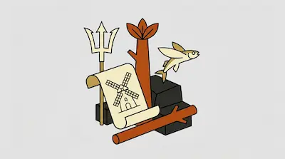 A collection of stylized icons including a trident, a tree, a flying fish, a log, and a scroll with a windmill.