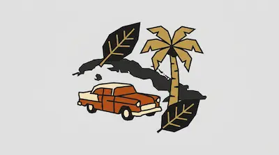 A stylized orange vintage car, a palm tree, and two large leaves are layered over a dark silhouette of an island.