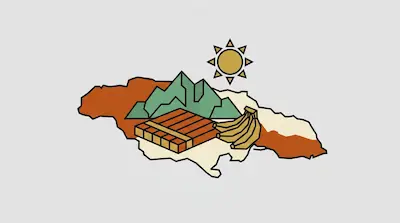 A stylized map of Jamaica featuring icons of mountains, bananas, a stack of rectangular blocks, and a sun.
