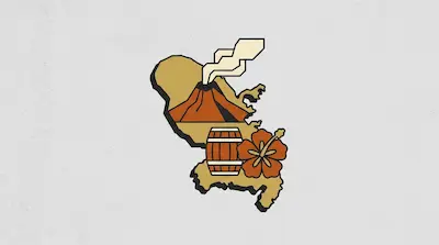 The silhouette of Martinique with a smoking volcano, a wooden rum barrel, and a tropical hibiscus flower in geometric style.