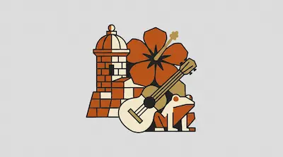 A stylized graphic featuring a stone sentry box, a large hibiscus flower, a guitar, and a small frog.