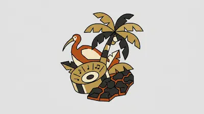 A stylized bird stands behind a drum with musical notes, a palm tree, and cracked earth.