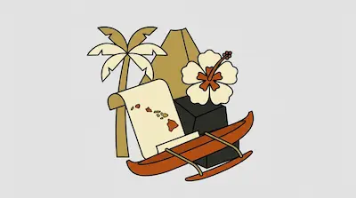 Stylized icons of a palm tree, a volcano, a hibiscus flower, a map of islands on a scroll, and an outrigger canoe.