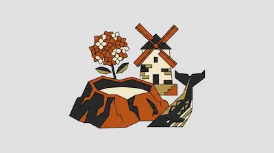 A stylized graphic featuring a hydrangea flower, a windmill, a volcanic crater, and a whale.