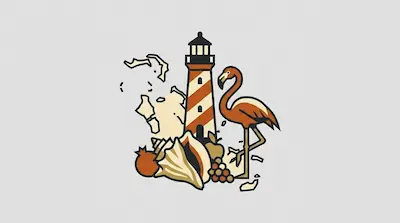A striped lighthouse beside a flamingo, a conch shell, scattered island silhouettes, and tropical fruits on a light gray background