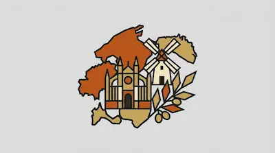 Island silhouettes with a Gothic cathedral, a traditional windmill, and an olive branch clustered together on a light gray background