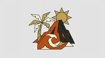 A stylized geometric landscape featuring a palm tree, sun, volcano, and ocean wave in earthy tones.