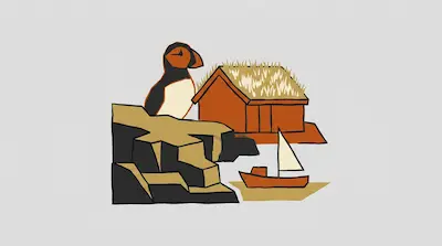 Flat illustration of a puffin bird standing near a grass-roofed cabin, rocky cliffs, and a small sailboat on the water