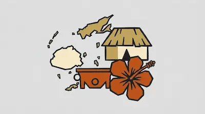 Fiji island silhouettes with a thatched-roof bure hut, a kava bowl, and a hibiscus flower on a light gray background