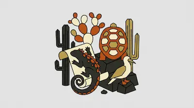 A stylized graphic of a tortoise, an iguana, and a bird among cacti and rocks in shades of orange, tan, and black.