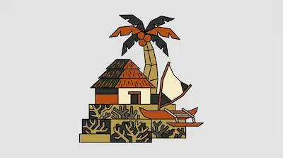 A stylized tropical scene featuring a small hut, a palm tree, and an outrigger sailboat atop coral-patterned blocks.
