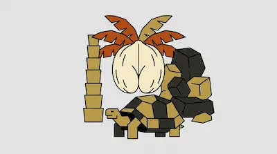 A geometric tortoise stands in front of a pile of blocky rocks and a palm tree with a large white seed.