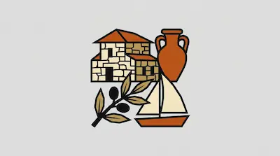 A stone house, a terracotta amphora, an olive branch, and a sailboat.