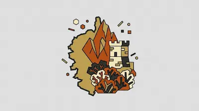 The silhouette of Corsica with jagged mountain peaks, a stone watchtower, and wild maquis shrubs in geometric style.