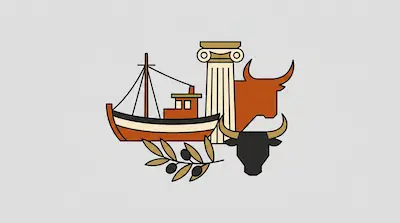 A collection of stylized icons featuring a fishing boat, an Ionic column, two bull heads, and an olive branch.