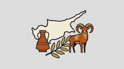 A stylized graphic featuring the outline of the island of Cyprus, a terracotta amphora, an olive branch, and a mouflon.