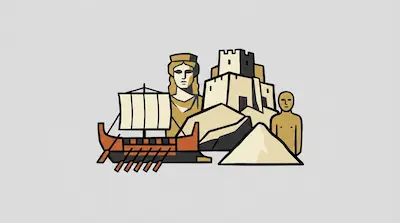 Flat illustration of an ancient galley ship, a stone fortress, and a classical statue on a light gray background