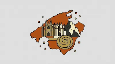 The silhouette of Mallorca with a Gothic cathedral, a jagged mountain peak, and a spiral ensaïmada pastry in bold geometric style.