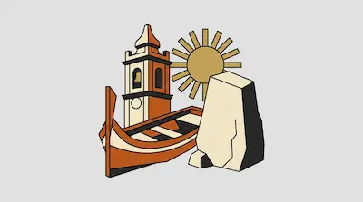 A bell tower, a traditional boat, a sun, and a large rock are grouped together in a stylized graphic.