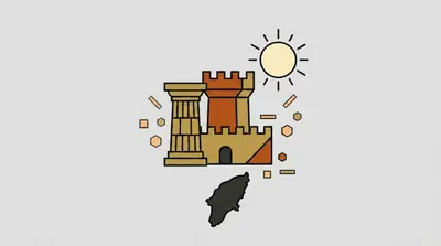 A fluted column, a crenellated castle tower with an arched gate, a sun with rays, and a dark island shape below.