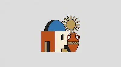 Flat illustration of a blue domed building, a golden sun, and a terracotta amphora vase on a light gray background