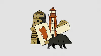 A stylized illustration featuring a stone tower, a lighthouse, a wedge of cheese, a map of an island, and a wild boar.