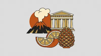 An erupting volcano, a classical temple, orange slices, and a pinecone are grouped together in a stylized graphic.