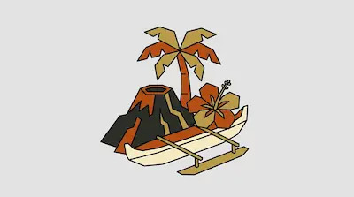 A stylized, geometric design featuring a palm tree, a volcano, a hibiscus flower, and an outrigger canoe.