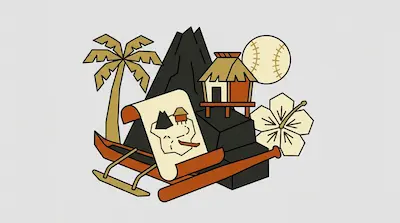 A collection of stylized icons including a palm tree, a volcano, a hut, a baseball, a hibiscus flower, an outrigger canoe, and a map.