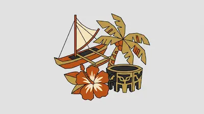 A stylized outrigger canoe, palm tree, hibiscus flower, and carved drum are grouped together.