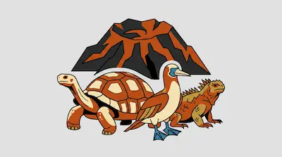 Flat illustration of a tortoise, a blue-footed booby, and an iguana standing before a black and orange volcano.