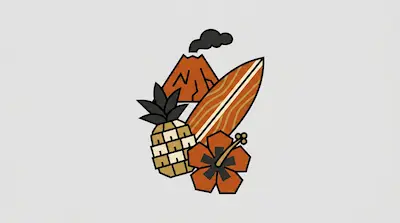 A stylized graphic of a smoking volcano, a surfboard, a pineapple, and a hibiscus flower.