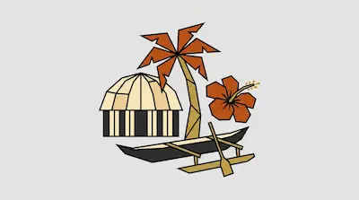 A stylized hut, palm tree, hibiscus flower, and outrigger canoe with a paddle.