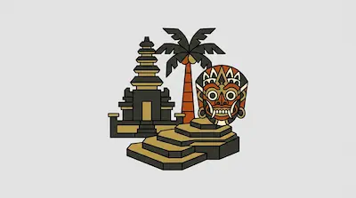 A tiered temple, a palm tree, a traditional mask, and stone steps.