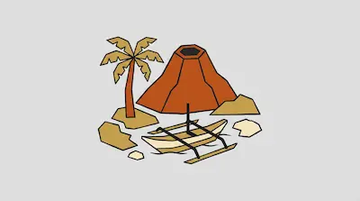 A palm tree, a volcano, and a traditional outrigger boat in a minimalist, stylized design.