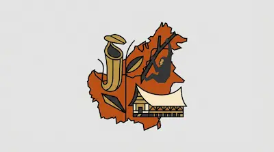 A stylized orange map of Borneo featuring a pitcher plant, an orangutan, and a traditional longhouse.