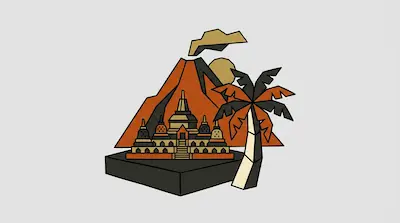 A stylized landscape featuring a tiered temple, a volcano with a smoke cloud, and a palm tree in shades of orange and brown.