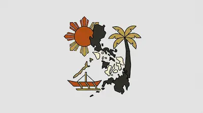 A stylized map of the Philippines surrounded by a sun, a palm tree, and a traditional outrigger boat.