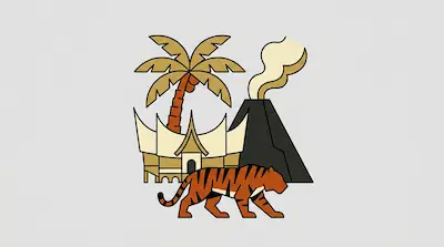 A tiger walks in front of a traditional house with curved roofs, a palm tree, and a smoking volcano.