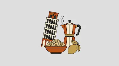 The Leaning Tower of Pisa, a steaming moka pot, a bowl of pasta, and a lemon are grouped together.