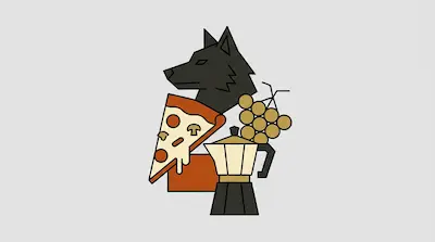 A black wolf head, a slice of pizza, a bunch of grapes, and a moka pot are grouped together.