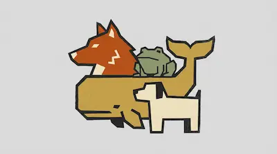 A stylized, geometric depiction of a yellow whale, a red fox, a green frog, and a white dog.