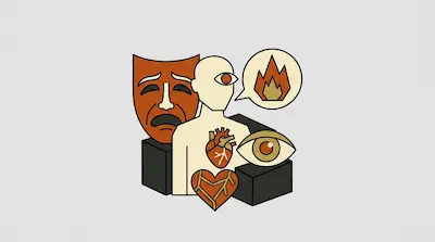 Stylized icons of a tragedy mask, a humanoid figure with a fire speech bubble, an anatomical heart, a broken heart, and a large eye.